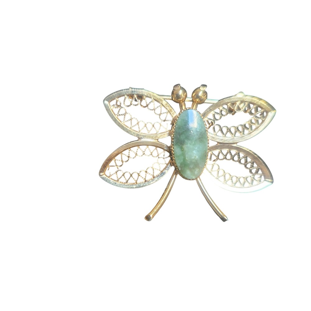Vintage Gold Tone Filigree Butterfly Brooch Green Jade Cabochon Insect Pin